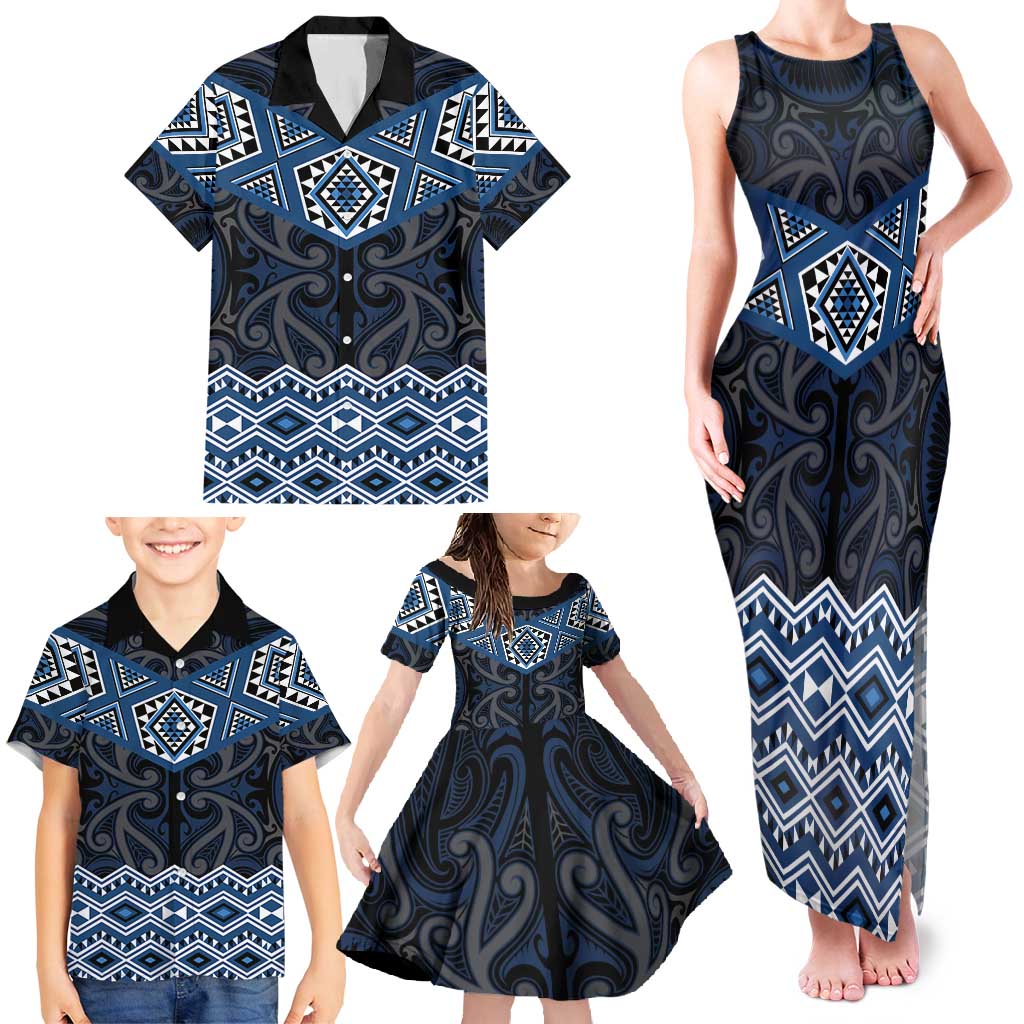 New Zealand Aotearoa Family Matching Tank Maxi Dress and Hawaiian Shirt Blue Taniko Art Maori Pattern LT05 - Polynesian Pride