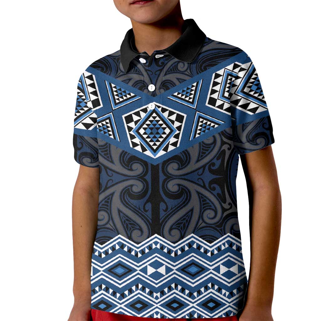New Zealand Aotearoa Kid Polo Shirt Blue Taniko Art Maori Pattern LT05 Kid Blue - Polynesian Pride