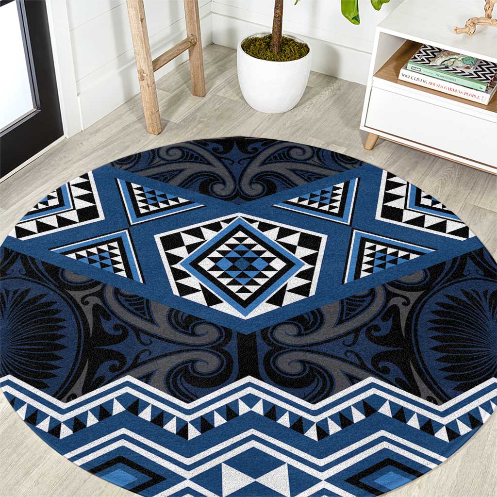 New Zealand Aotearoa Round Carpet Blue Taniko Art Maori Pattern LT05 Blue - Polynesian Pride