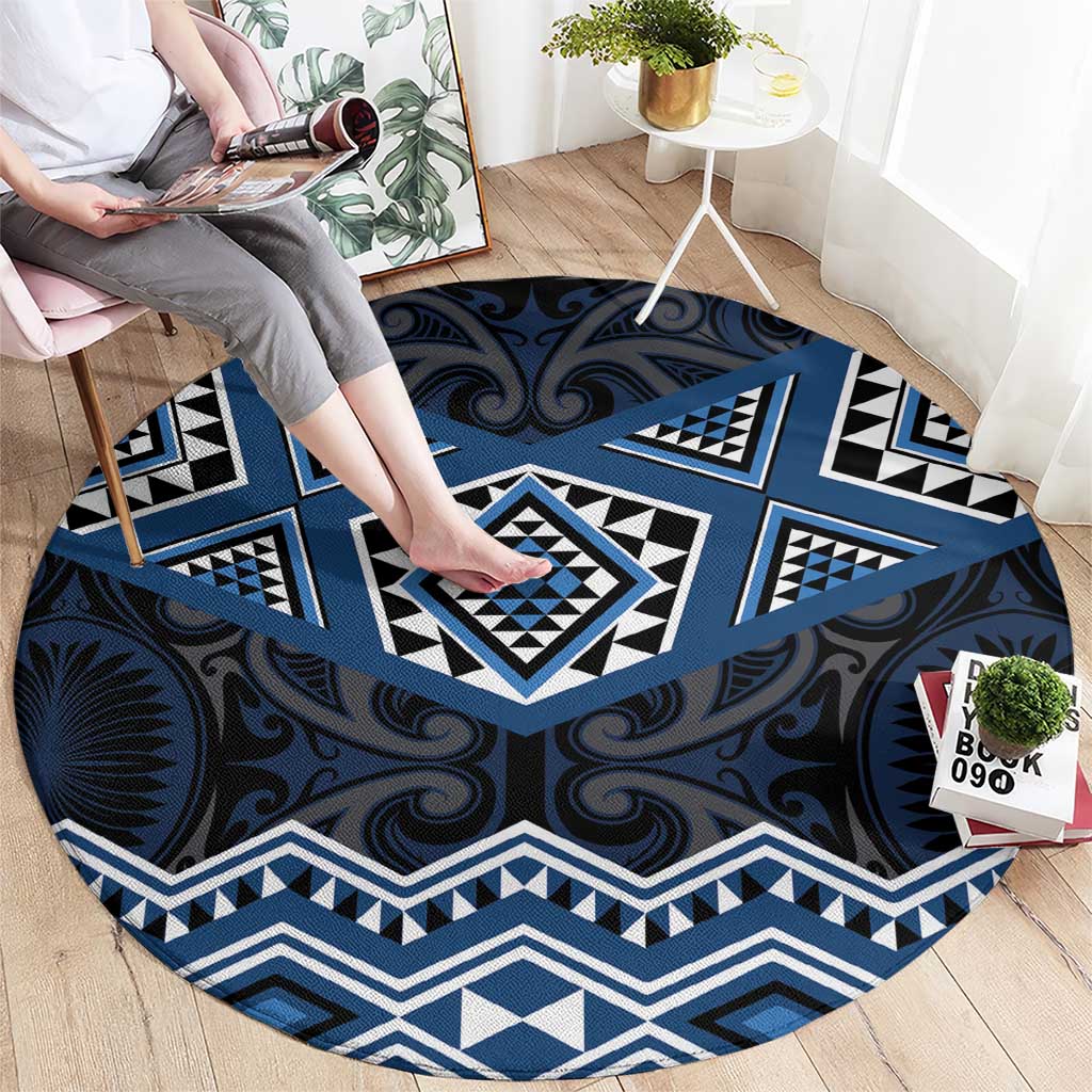 New Zealand Aotearoa Round Carpet Blue Taniko Art Maori Pattern LT05 - Polynesian Pride