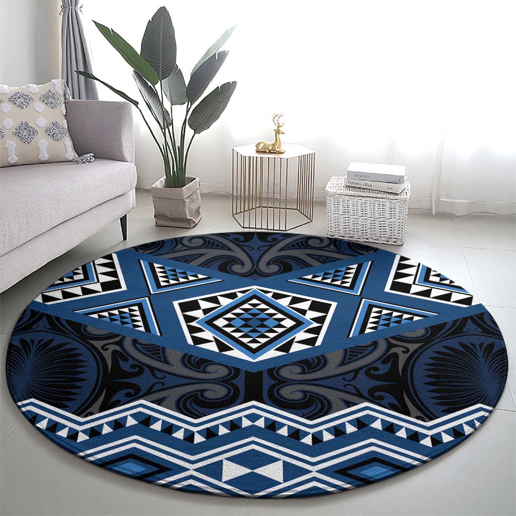 New Zealand Aotearoa Round Carpet Blue Taniko Art Maori Pattern LT05 - Polynesian Pride