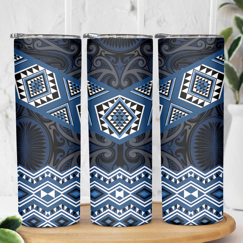New Zealand Aotearoa Skinny Tumbler Blue Taniko Art Maori Pattern LT05 - Polynesian Pride