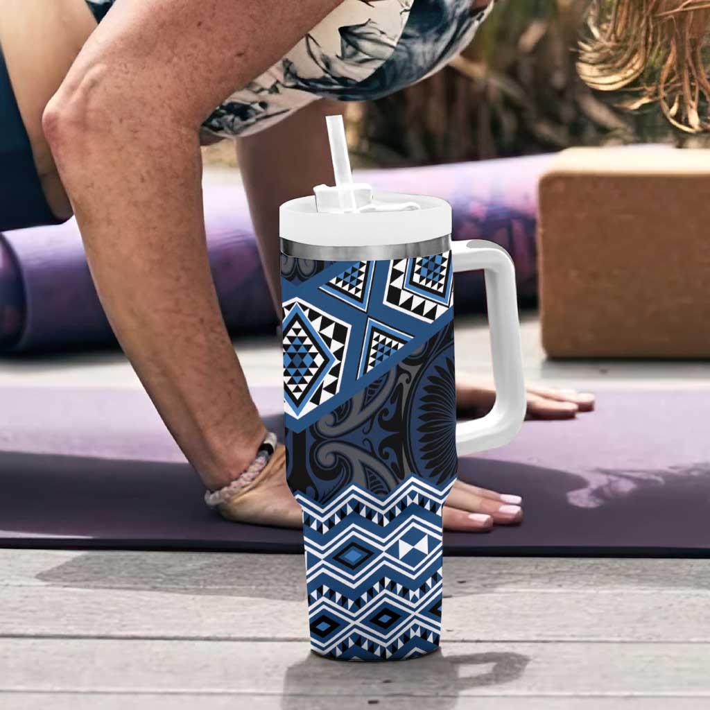 New Zealand Aotearoa Tumbler With Handle Blue Taniko Art Maori Pattern