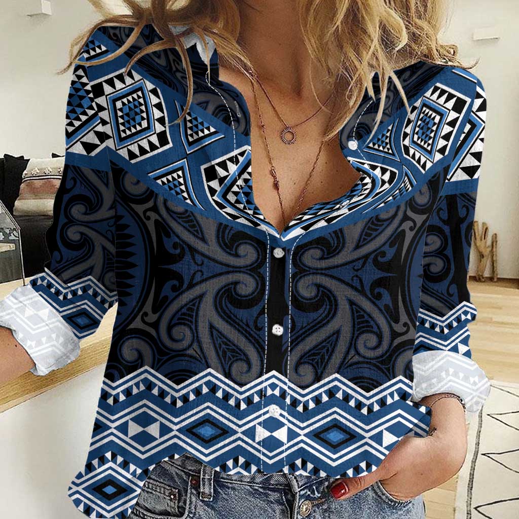 New Zealand Aotearoa Women Casual Shirt Blue Taniko Art Maori Pattern LT05 Female Blue - Polynesian Pride