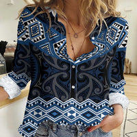 New Zealand Aotearoa Women Casual Shirt Blue Taniko Art Maori Pattern LT05 Female Blue - Polynesian Pride