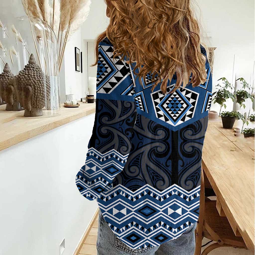 New Zealand Aotearoa Women Casual Shirt Blue Taniko Art Maori Pattern LT05 - Polynesian Pride