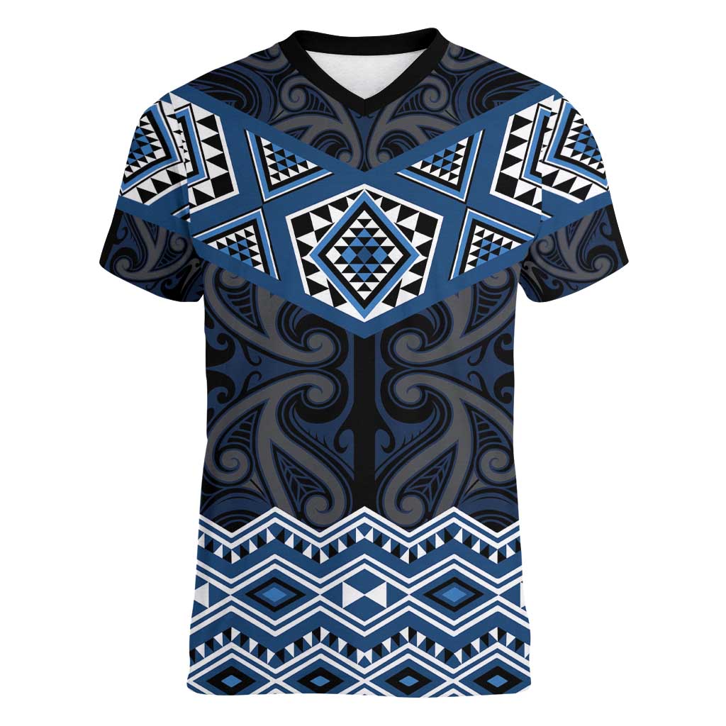 New Zealand Aotearoa Women V-Neck T-Shirt Blue Taniko Art Maori Pattern LT05 Female Blue - Polynesian Pride
