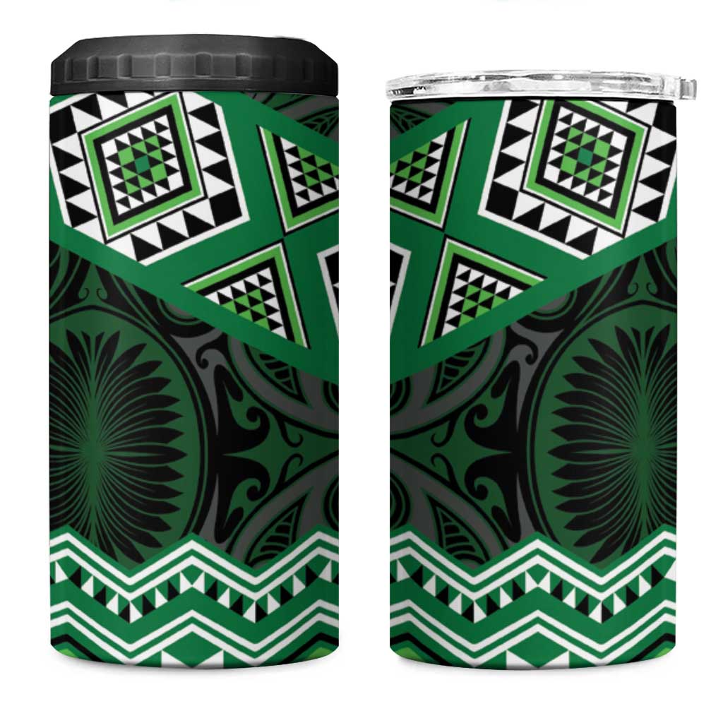 New Zealand Aotearoa 4 in 1 Can Cooler Tumbler Green Taniko Art Maori Pattern