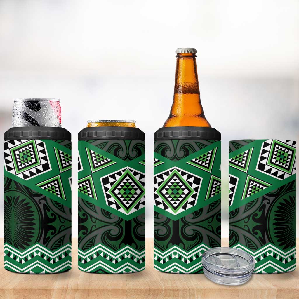 New Zealand Aotearoa 4 in 1 Can Cooler Tumbler Green Taniko Art Maori Pattern LT05 - Polynesian Pride