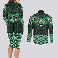 New Zealand Aotearoa Couples Matching Long Sleeve Bodycon Dress and Long Sleeve Button Shirt Green Taniko Art Maori Pattern LT05 - Polynesian Pride