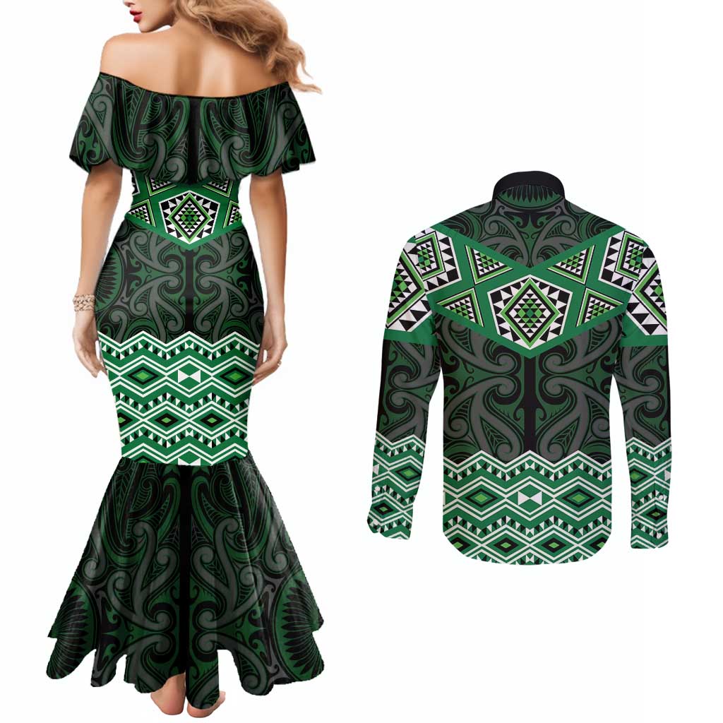 New Zealand Aotearoa Couples Matching Mermaid Dress and Long Sleeve Button Shirt Green Taniko Art Maori Pattern LT05 - Polynesian Pride