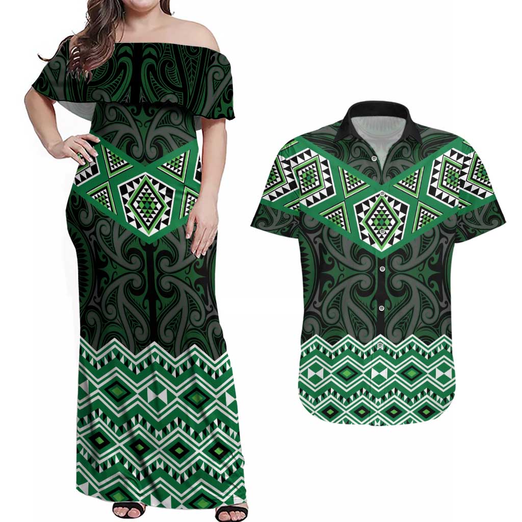 New Zealand Aotearoa Couples Matching Off Shoulder Maxi Dress and Hawaiian Shirt Green Taniko Art Maori Pattern LT05 Green - Polynesian Pride