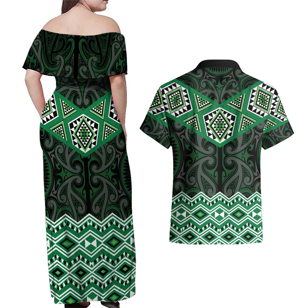 New Zealand Aotearoa Couples Matching Off Shoulder Maxi Dress and Hawaiian Shirt Green Taniko Art Maori Pattern LT05 - Polynesian Pride