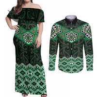 New Zealand Aotearoa Couples Matching Off Shoulder Maxi Dress and Long Sleeve Button Shirt Green Taniko Art Maori Pattern LT05 Green - Polynesian Pride