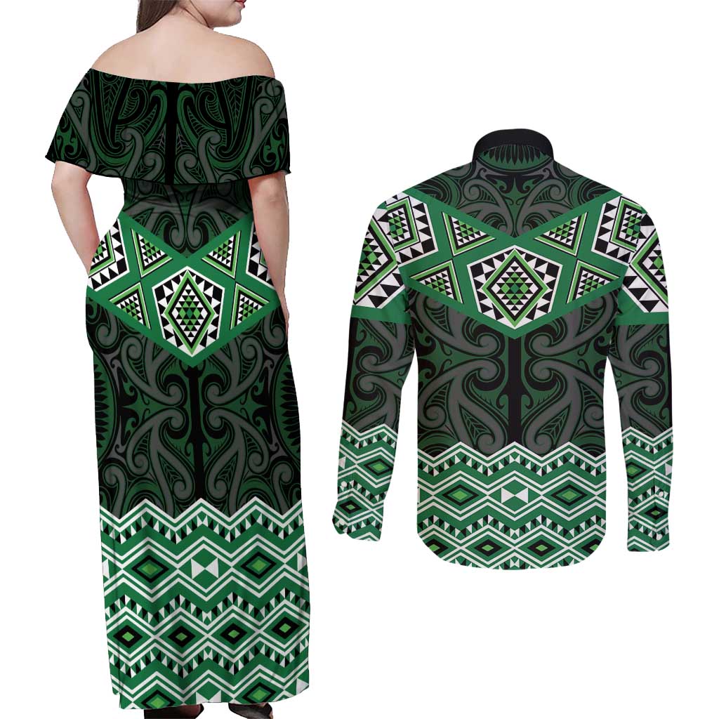 New Zealand Aotearoa Couples Matching Off Shoulder Maxi Dress and Long Sleeve Button Shirt Green Taniko Art Maori Pattern LT05 - Polynesian Pride