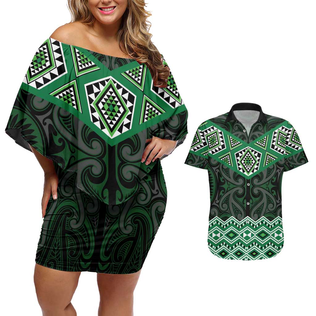 New Zealand Aotearoa Couples Matching Off Shoulder Short Dress and Hawaiian Shirt Green Taniko Art Maori Pattern LT05 Green - Polynesian Pride