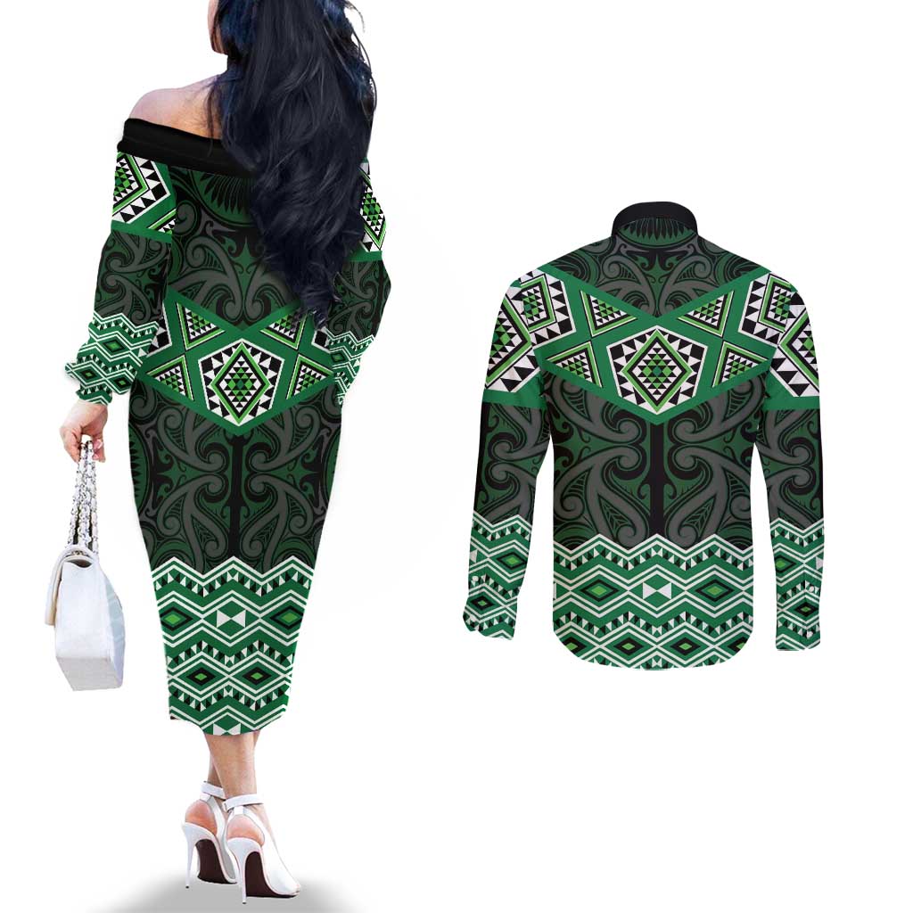 New Zealand Aotearoa Couples Matching Off The Shoulder Long Sleeve Dress and Long Sleeve Button Shirt Green Taniko Art Maori Pattern LT05 - Polynesian Pride