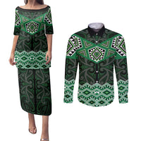 New Zealand Aotearoa Couples Matching Puletasi and Long Sleeve Button Shirt Green Taniko Art Maori Pattern LT05 Green - Polynesian Pride