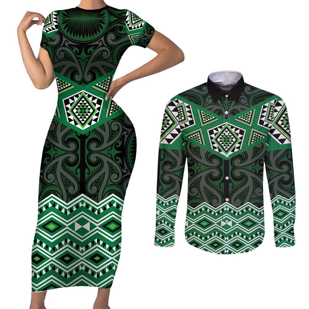 New Zealand Aotearoa Couples Matching Short Sleeve Bodycon Dress and Long Sleeve Button Shirt Green Taniko Art Maori Pattern LT05 Green - Polynesian Pride