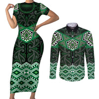 New Zealand Aotearoa Couples Matching Short Sleeve Bodycon Dress and Long Sleeve Button Shirt Green Taniko Art Maori Pattern LT05 Green - Polynesian Pride