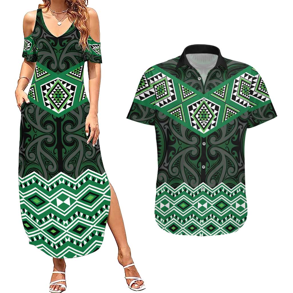 New Zealand Aotearoa Couples Matching Summer Maxi Dress and Hawaiian Shirt Green Taniko Art Maori Pattern LT05 Green - Polynesian Pride