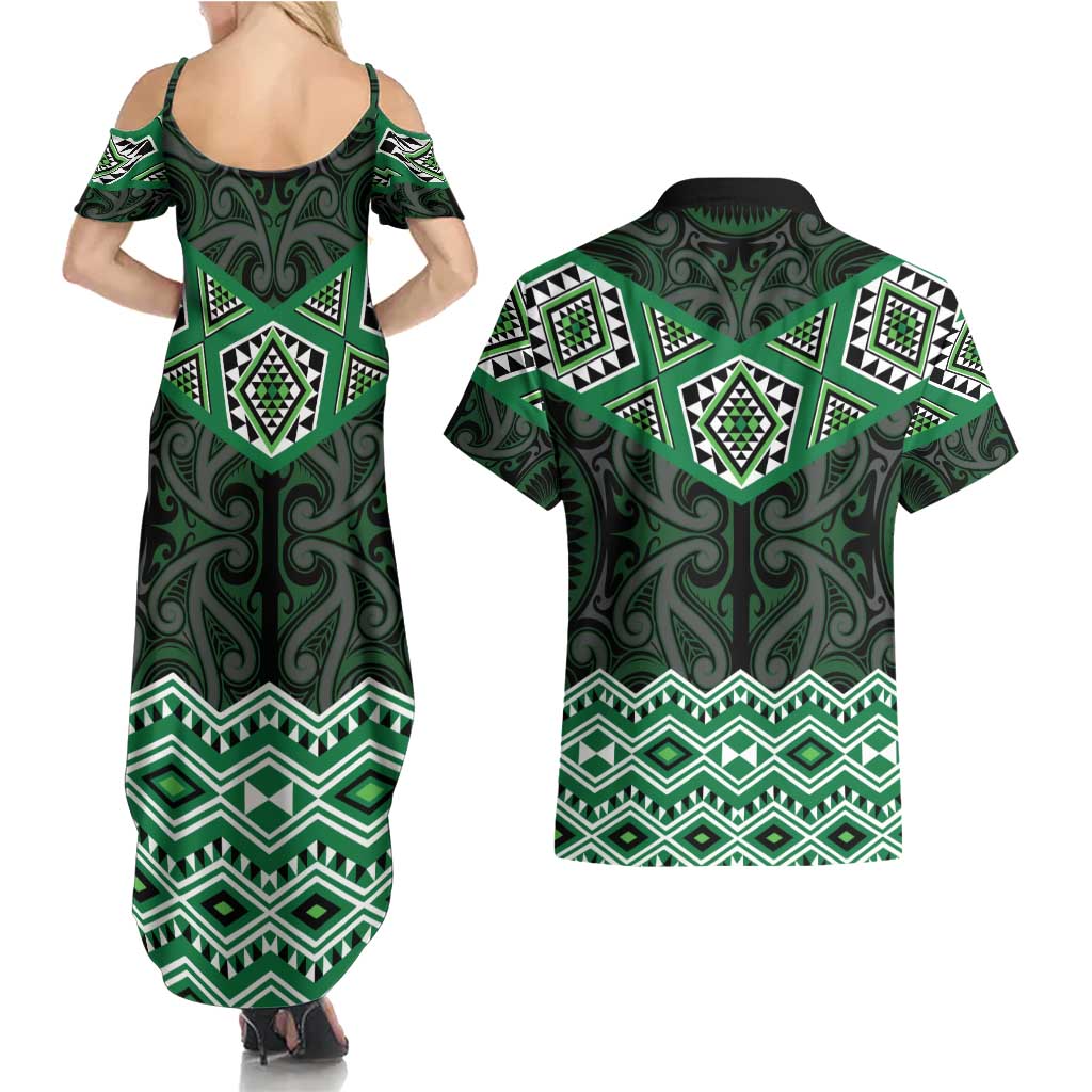 New Zealand Aotearoa Couples Matching Summer Maxi Dress and Hawaiian Shirt Green Taniko Art Maori Pattern LT05 - Polynesian Pride