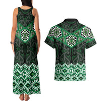 New Zealand Aotearoa Couples Matching Tank Maxi Dress and Hawaiian Shirt Green Taniko Art Maori Pattern LT05 - Polynesian Pride