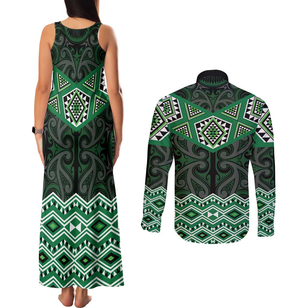 New Zealand Aotearoa Couples Matching Tank Maxi Dress and Long Sleeve Button Shirt Green Taniko Art Maori Pattern LT05 - Polynesian Pride