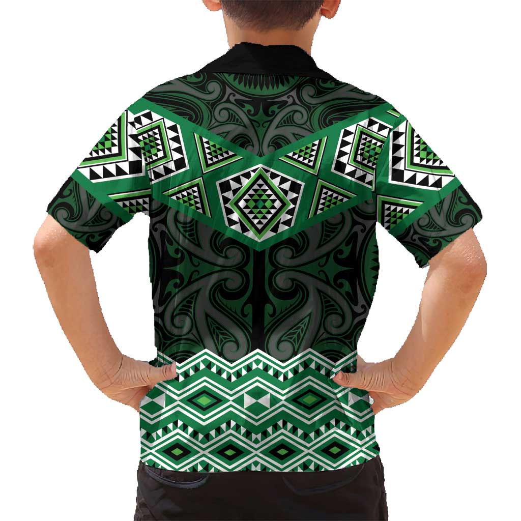 New Zealand Aotearoa Family Matching Long Sleeve Bodycon Dress and Hawaiian Shirt Green Taniko Art Maori Pattern LT05 - Polynesian Pride