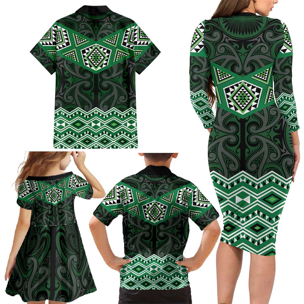New Zealand Aotearoa Family Matching Long Sleeve Bodycon Dress and Hawaiian Shirt Green Taniko Art Maori Pattern LT05 - Polynesian Pride