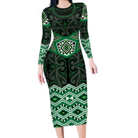New Zealand Aotearoa Family Matching Long Sleeve Bodycon Dress and Hawaiian Shirt Green Taniko Art Maori Pattern LT05 Mom's Dress Green - Polynesian Pride