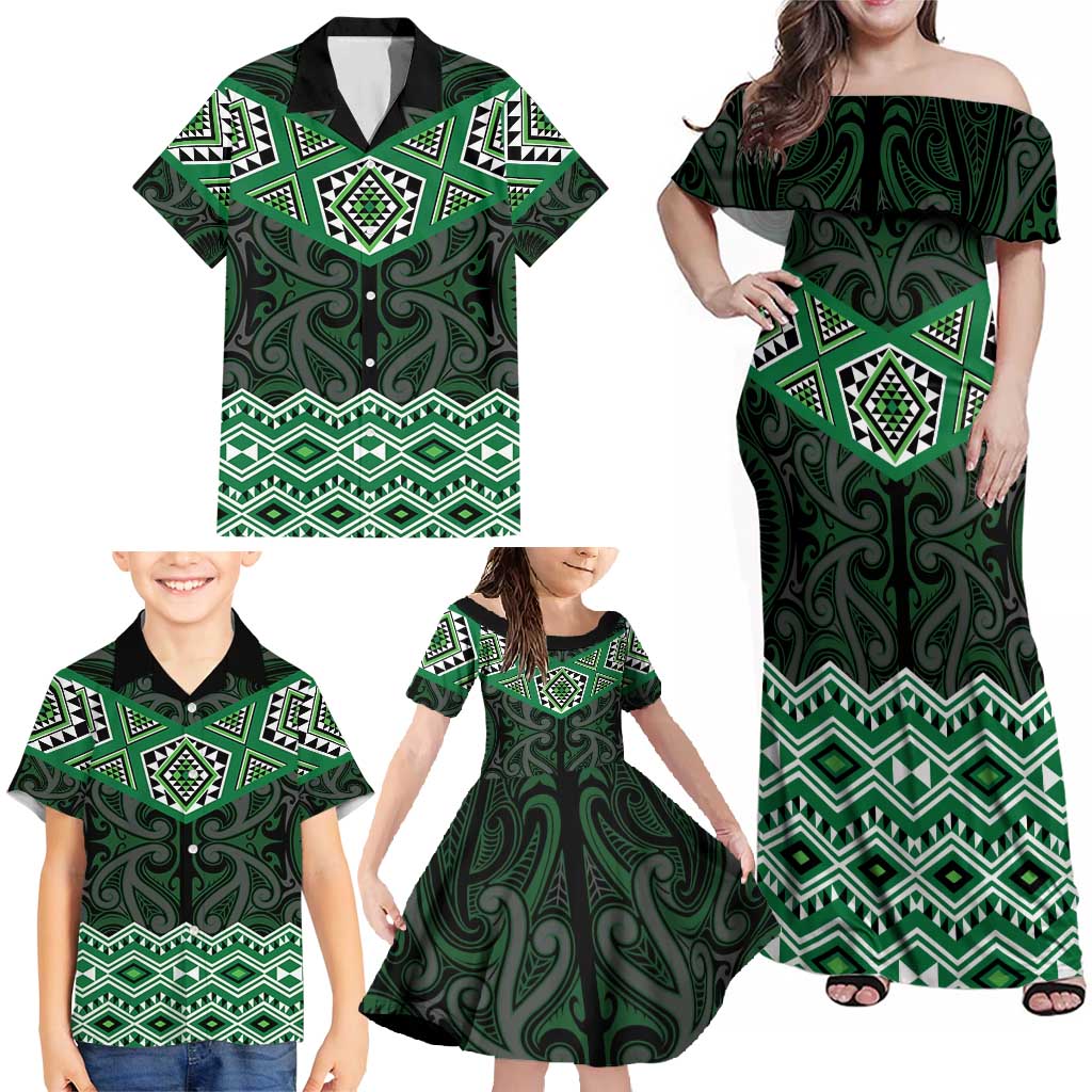 New Zealand Aotearoa Family Matching Off Shoulder Maxi Dress and Hawaiian Shirt Green Taniko Art Maori Pattern LT05 - Polynesian Pride