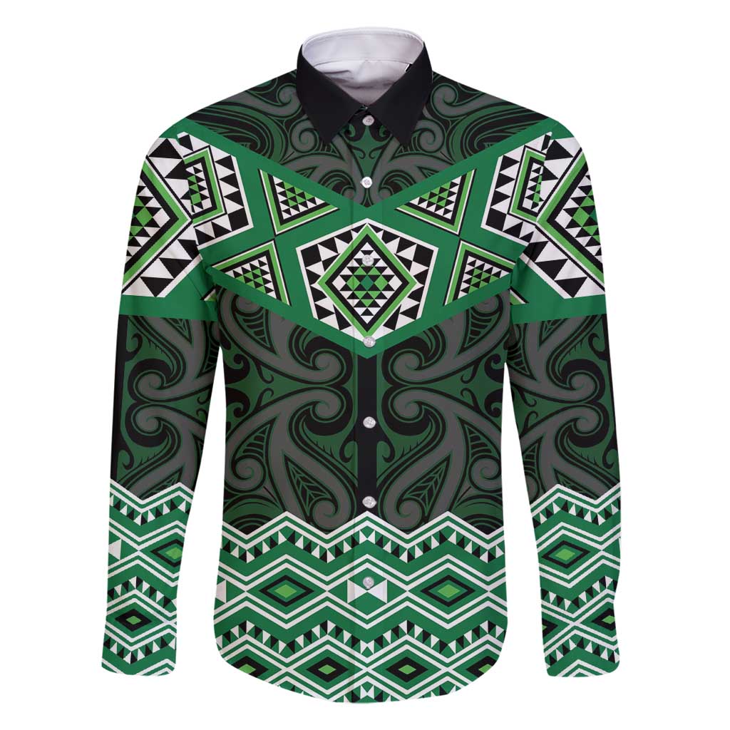 New Zealand Aotearoa Family Matching Off Shoulder Maxi Dress and Hawaiian Shirt Green Taniko Art Maori Pattern LT05 Dad's Shirt - Long Sleeve Green - Polynesian Pride
