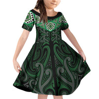 New Zealand Aotearoa Family Matching Off Shoulder Short Dress and Hawaiian Shirt Green Taniko Art Maori Pattern LT05 Daughter's Dress Green - Polynesian Pride