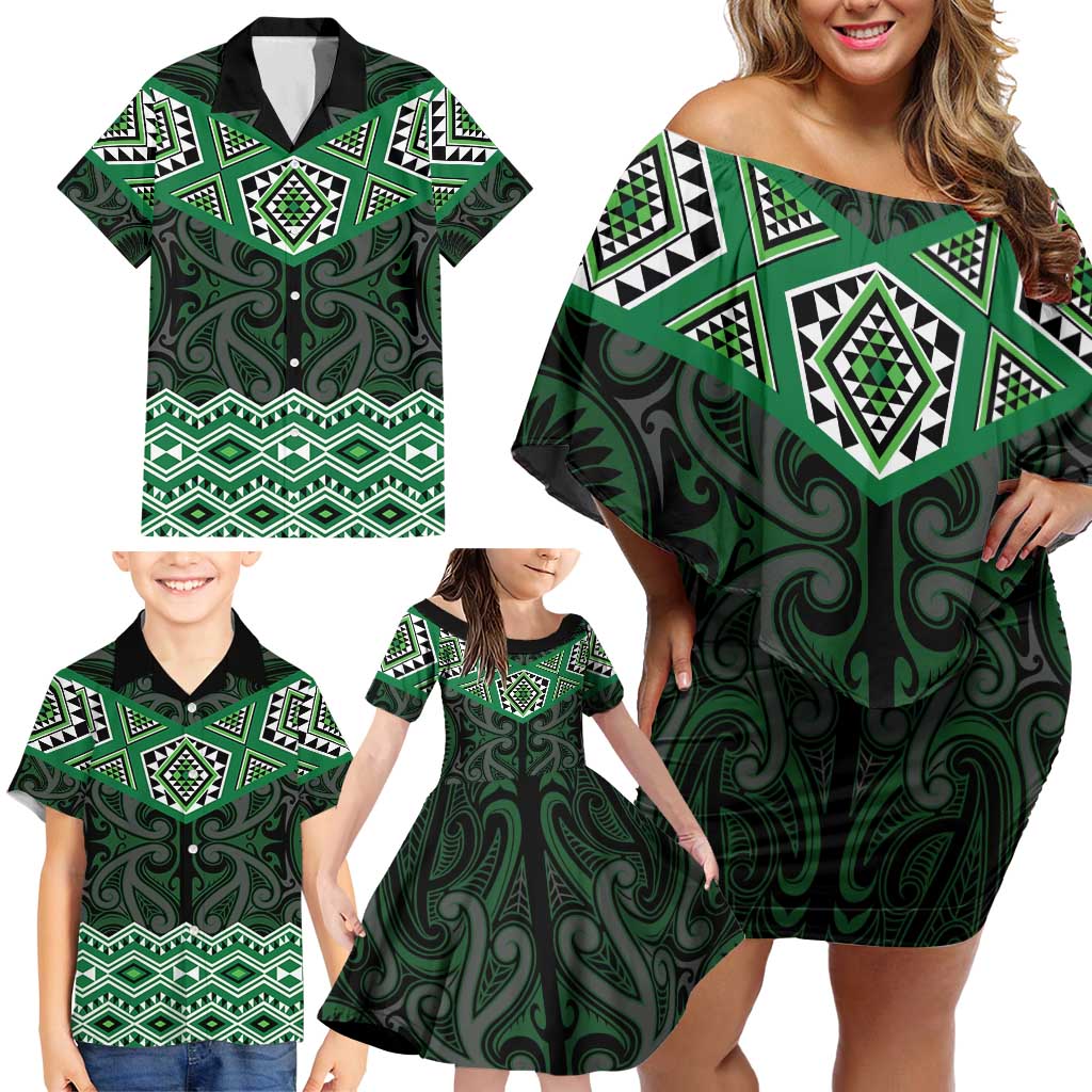New Zealand Aotearoa Family Matching Off Shoulder Short Dress and Hawaiian Shirt Green Taniko Art Maori Pattern LT05 - Polynesian Pride