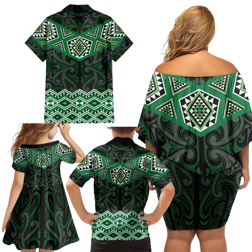 New Zealand Aotearoa Family Matching Off Shoulder Short Dress and Hawaiian Shirt Green Taniko Art Maori Pattern LT05 - Polynesian Pride