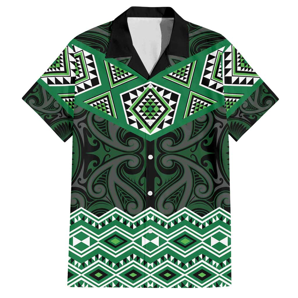 New Zealand Aotearoa Family Matching Off Shoulder Short Dress and Hawaiian Shirt Green Taniko Art Maori Pattern LT05 Dad's Shirt - Short Sleeve Green - Polynesian Pride