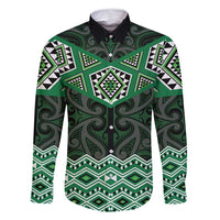 New Zealand Aotearoa Family Matching Off Shoulder Short Dress and Hawaiian Shirt Green Taniko Art Maori Pattern LT05 Dad's Shirt - Long Sleeve Green - Polynesian Pride