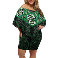 New Zealand Aotearoa Family Matching Off Shoulder Short Dress and Hawaiian Shirt Green Taniko Art Maori Pattern LT05 Mom's Dress Green - Polynesian Pride