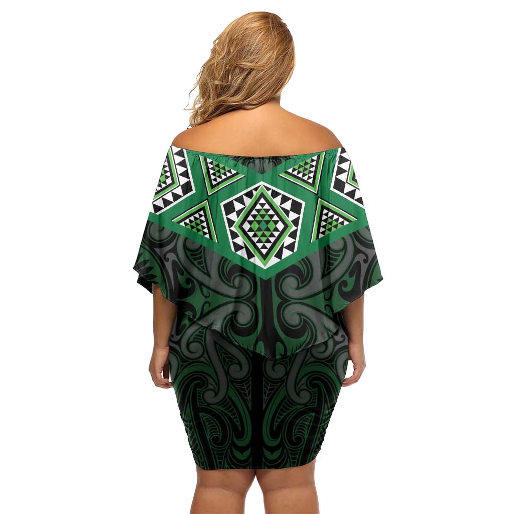 New Zealand Aotearoa Family Matching Off Shoulder Short Dress and Hawaiian Shirt Green Taniko Art Maori Pattern LT05 - Polynesian Pride