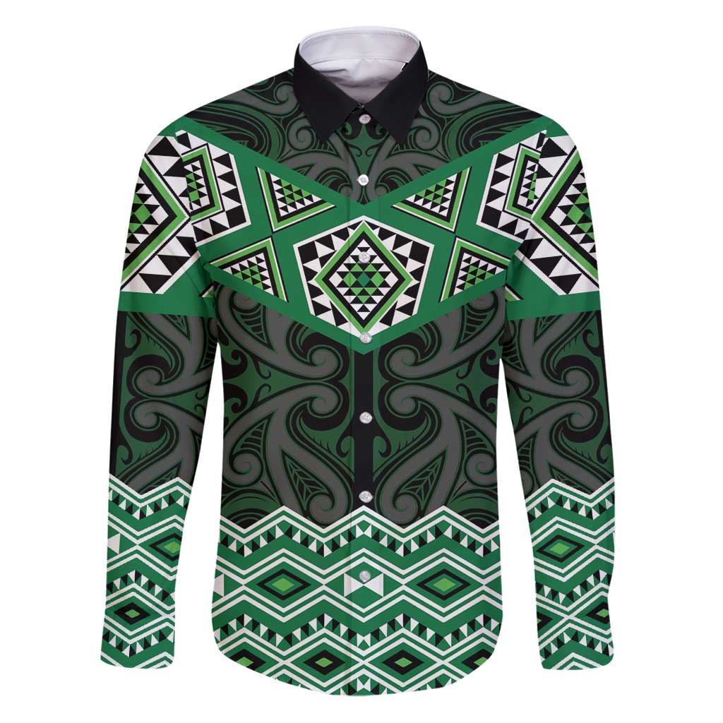 New Zealand Aotearoa Family Matching Puletasi and Hawaiian Shirt Green Taniko Art Maori Pattern LT05 Dad's Shirt - Long Sleeve Green - Polynesian Pride