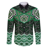 New Zealand Aotearoa Family Matching Puletasi and Hawaiian Shirt Green Taniko Art Maori Pattern LT05 Dad's Shirt - Long Sleeve Green - Polynesian Pride