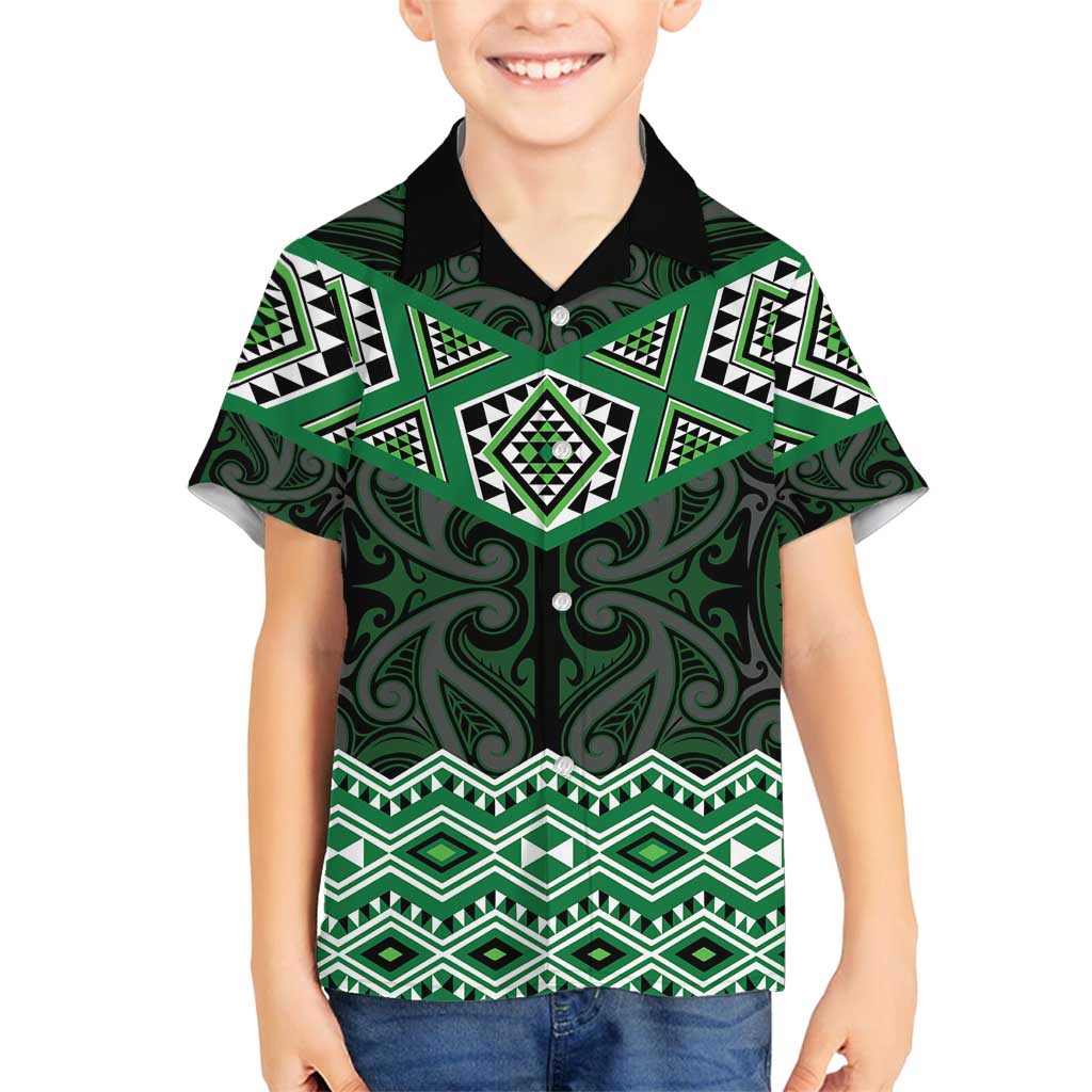 New Zealand Aotearoa Family Matching Puletasi and Hawaiian Shirt Green Taniko Art Maori Pattern LT05 Son's Shirt Green - Polynesian Pride