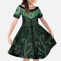 New Zealand Aotearoa Family Matching Short Sleeve Bodycon Dress and Hawaiian Shirt Green Taniko Art Maori Pattern LT05 Daughter's Dress Green - Polynesian Pride