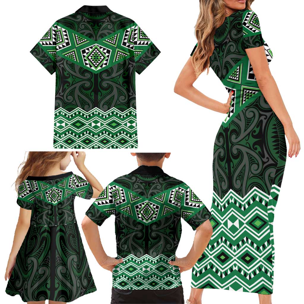 New Zealand Aotearoa Family Matching Short Sleeve Bodycon Dress and Hawaiian Shirt Green Taniko Art Maori Pattern LT05 - Polynesian Pride