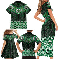 New Zealand Aotearoa Family Matching Short Sleeve Bodycon Dress and Hawaiian Shirt Green Taniko Art Maori Pattern LT05 - Polynesian Pride