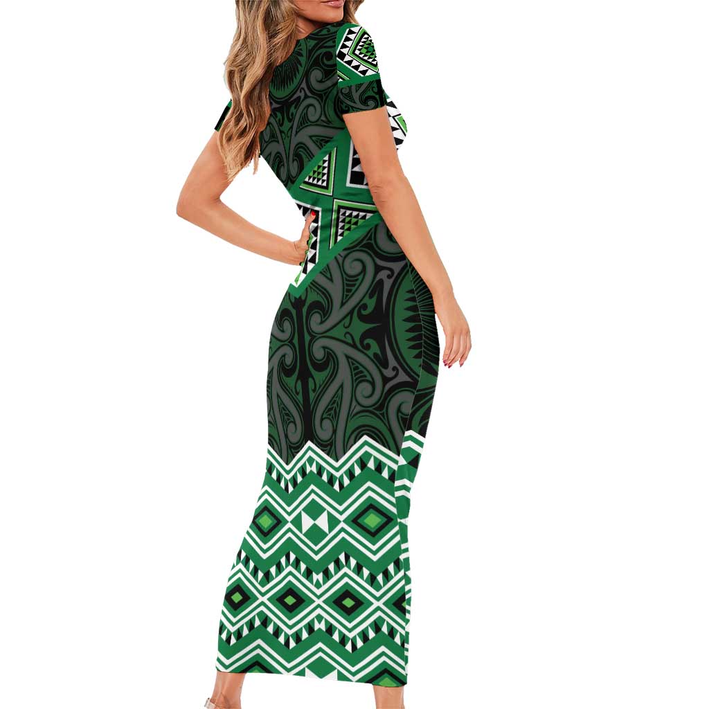 New Zealand Aotearoa Family Matching Short Sleeve Bodycon Dress and Hawaiian Shirt Green Taniko Art Maori Pattern LT05 - Polynesian Pride