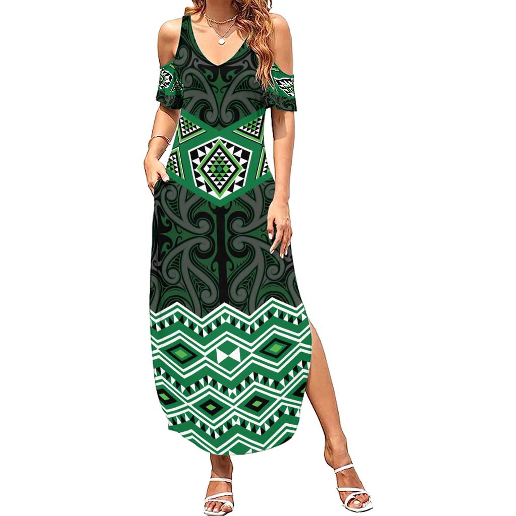 New Zealand Aotearoa Family Matching Summer Maxi Dress and Hawaiian Shirt Green Taniko Art Maori Pattern LT05 Mom's Dress Green - Polynesian Pride