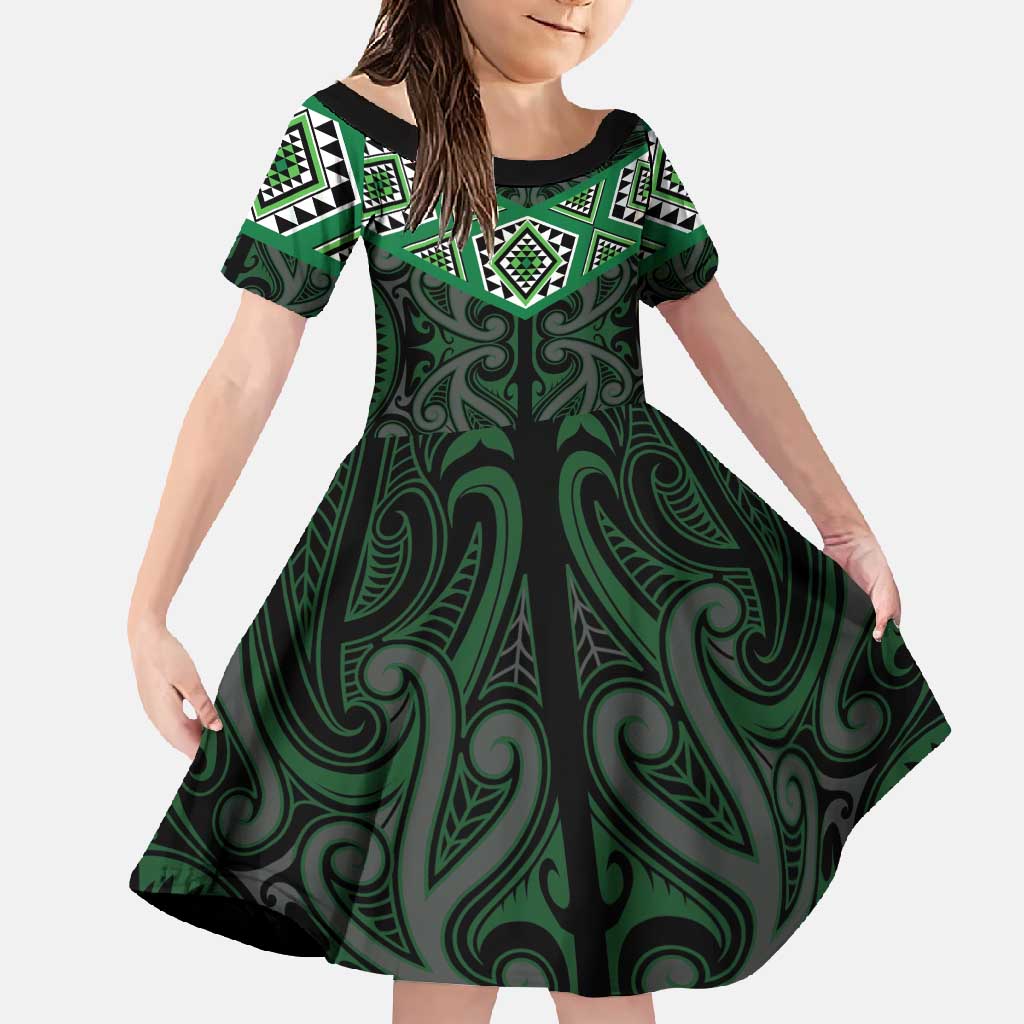 New Zealand Aotearoa Family Matching Tank Maxi Dress and Hawaiian Shirt Green Taniko Art Maori Pattern LT05 Daughter's Dress Green - Polynesian Pride