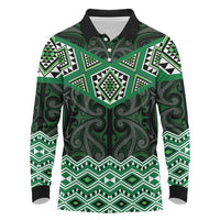 New Zealand Aotearoa Long Sleeve Polo Shirt Green Taniko Art Maori Pattern
